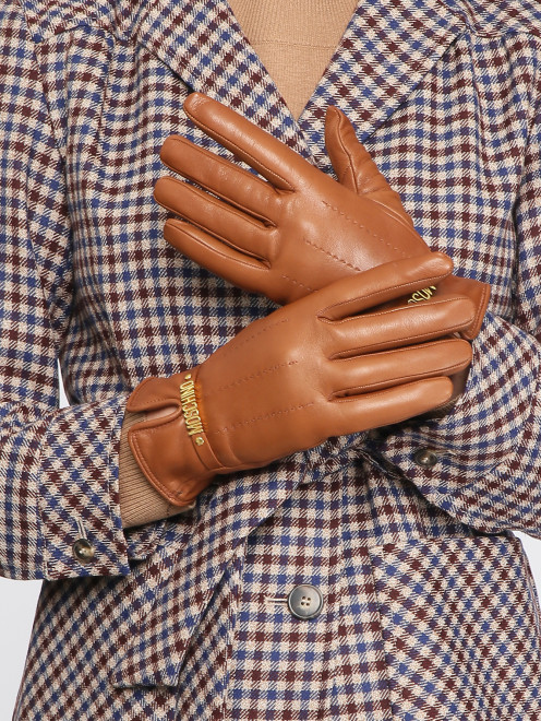 Перчатки из гладкой кожи с логотипом Moschino - МодельОбщийВид